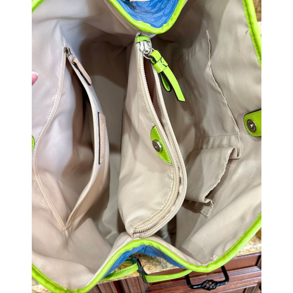 COACH  - Signature Stripe Drawstring Carryall Bag in Blue w/Lime Green Trim - Picture 9 of 14